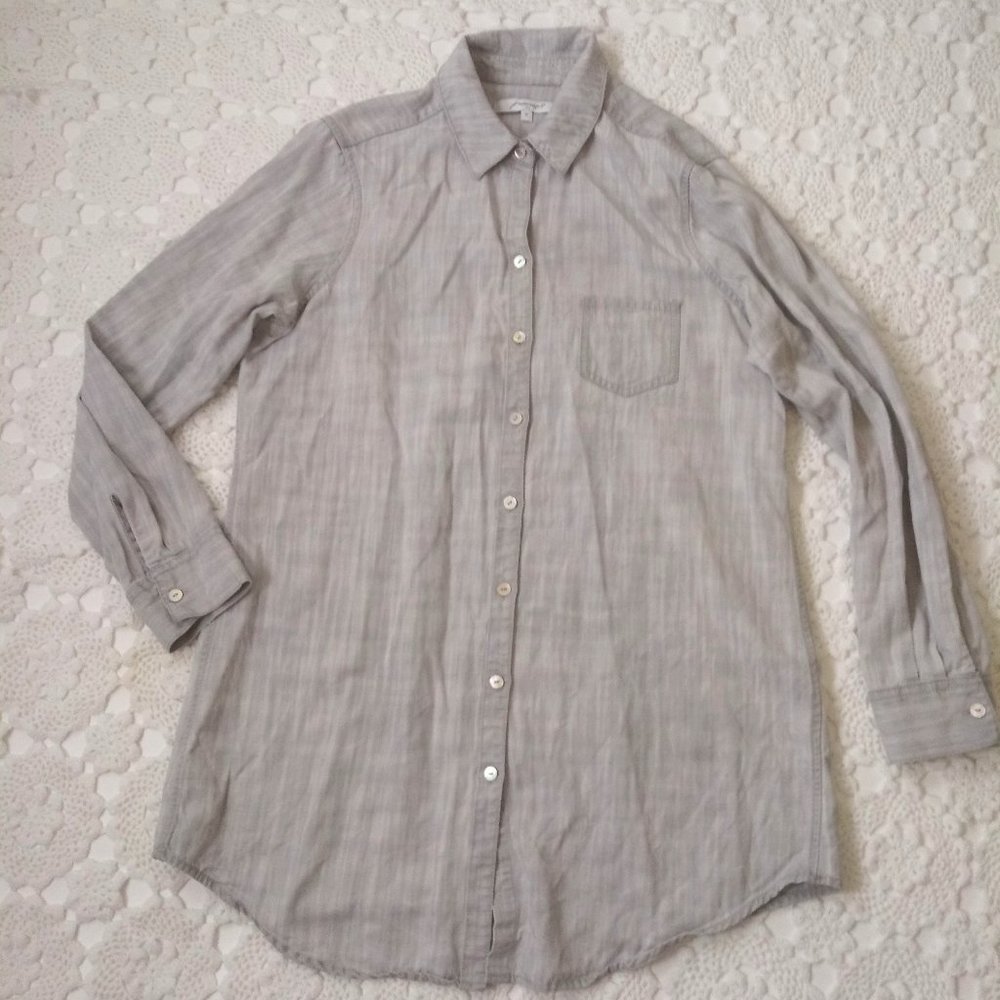 Foxcroft Blouse Shirt Top Long Button Tunic Gray 100% Tencel Collared 12 Women